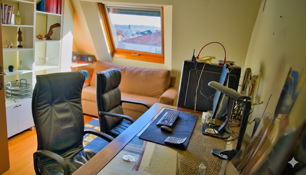 Oficina equipada para teletrabajo con escritorio doble pantalla, silla ergonómica, estanterías y claraboya con luz natural