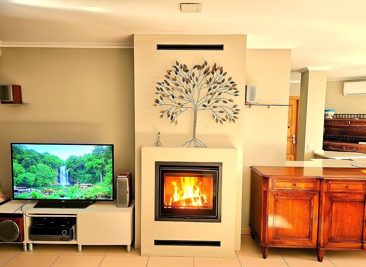 Chimenea de leña moderna empotrada en el salón con fuego encendido, decoración con árbol metálico, televisión y mobiliario de madera noble